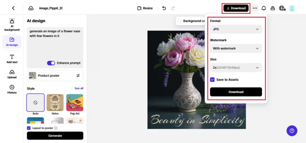 Your Brand, but Make It Art: Posterizing Brand Values Into Decor for Offices, Pop-ups, and Stories 3 pippit ai step 3 export and share your poster